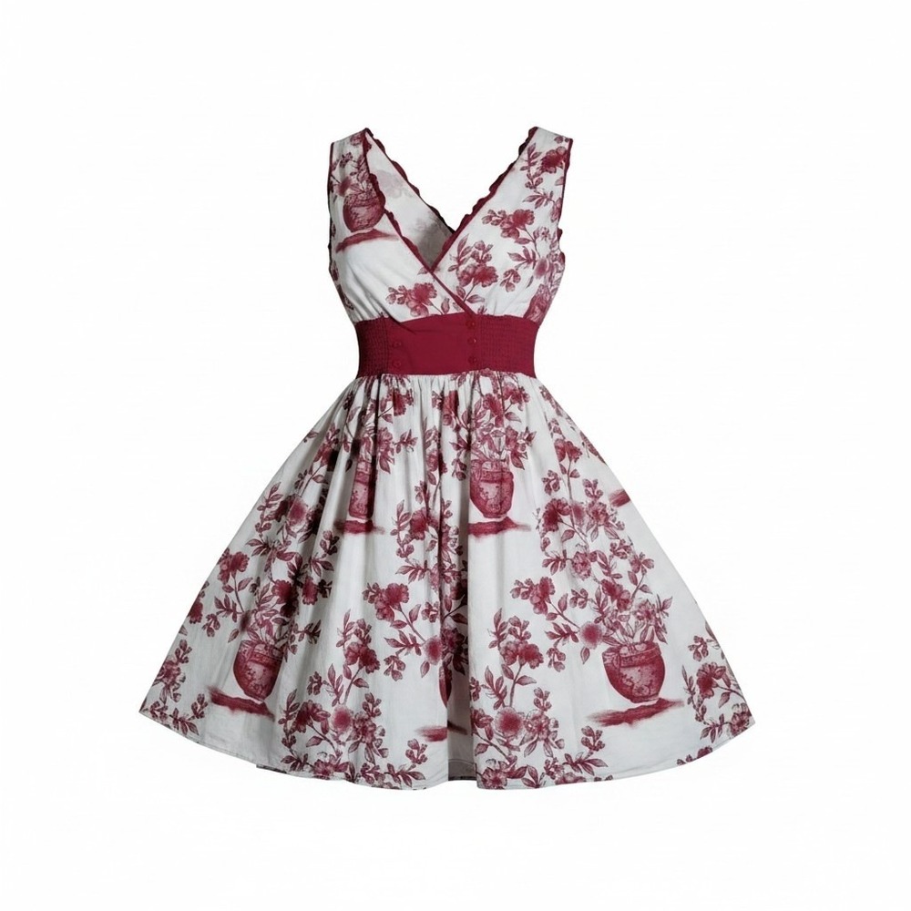 Cassees Red Toile Floral Cotton Fit Flare Dress Plus Size 1X Smocked Waist White